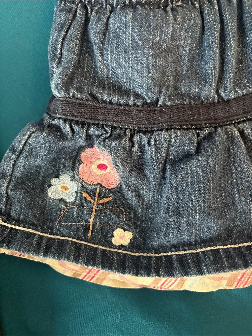 Disney Dark Blue Denim Skirt with Plaid Hem and Floral Embroidery